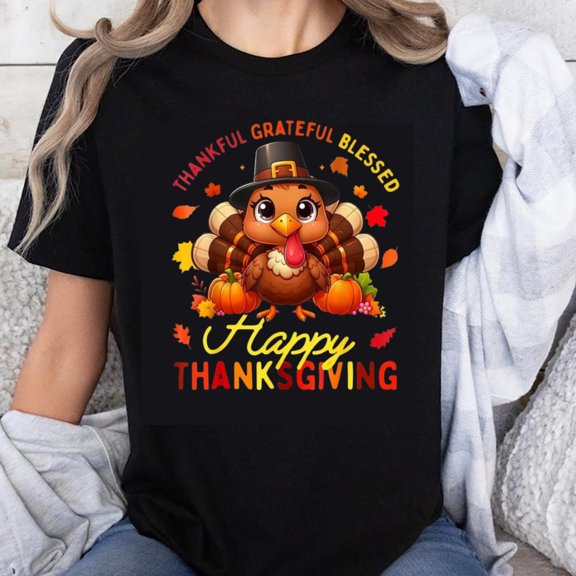 100% Cotton Thanksgiving Turkey Shirt Happy Thanksgiving Thankful Grateful Blessed Fall Festival Cute Turkey Design Women's T-Shirt