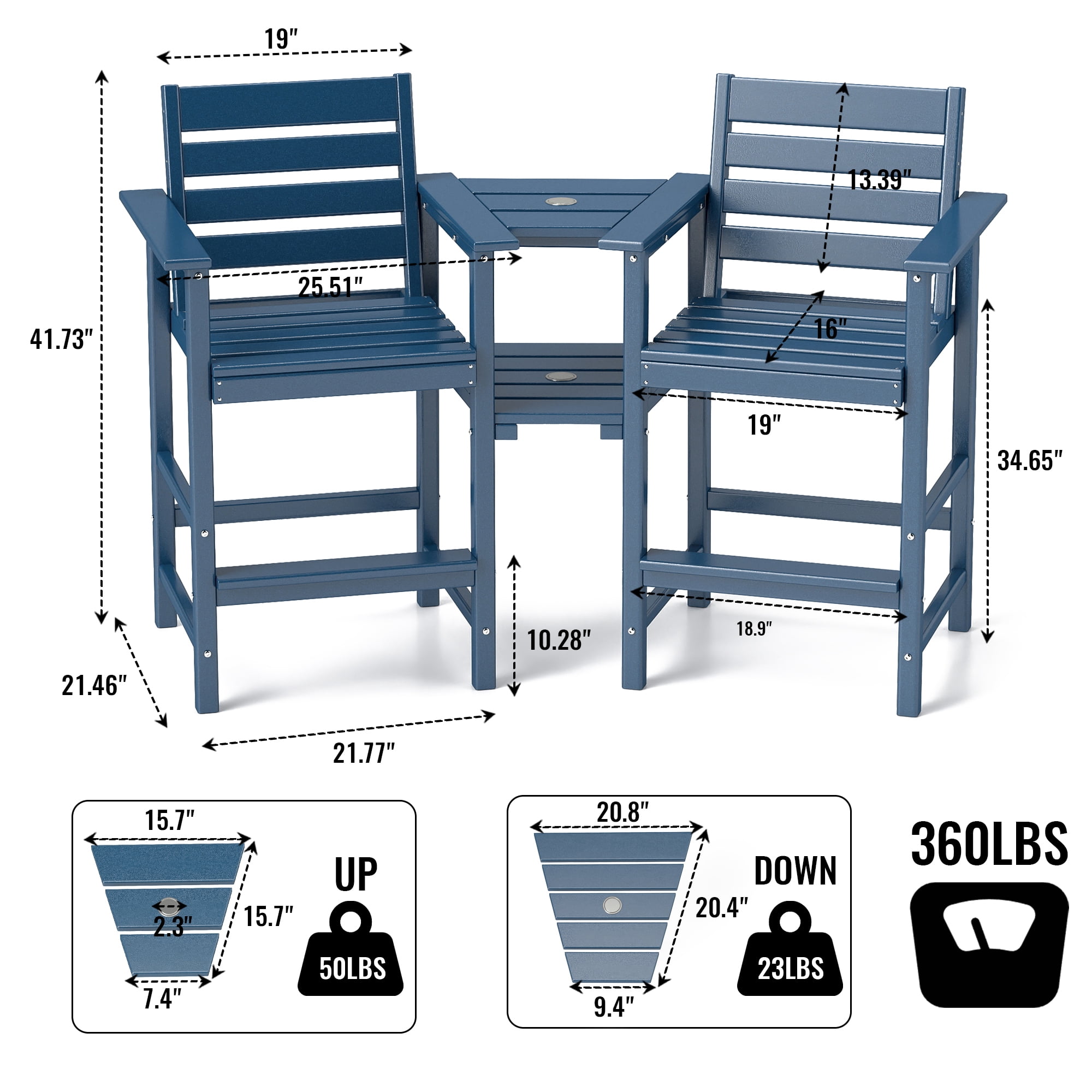 FOOWIN HDPE Plastic Tall Adirondack Chair Set of 2 W/ Outdoor Barstools and Connecting Tray, Blue