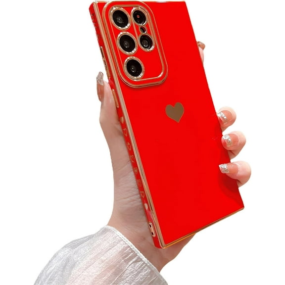 Compatible with Samsung Galaxy S22 Ultra 6.8” Phone Case,Luxury Gold Plating Cute Love Heart Case with Camera Protection Soft Silicone Shockproof Cover Bumper with Side Heart Pattern (Red)