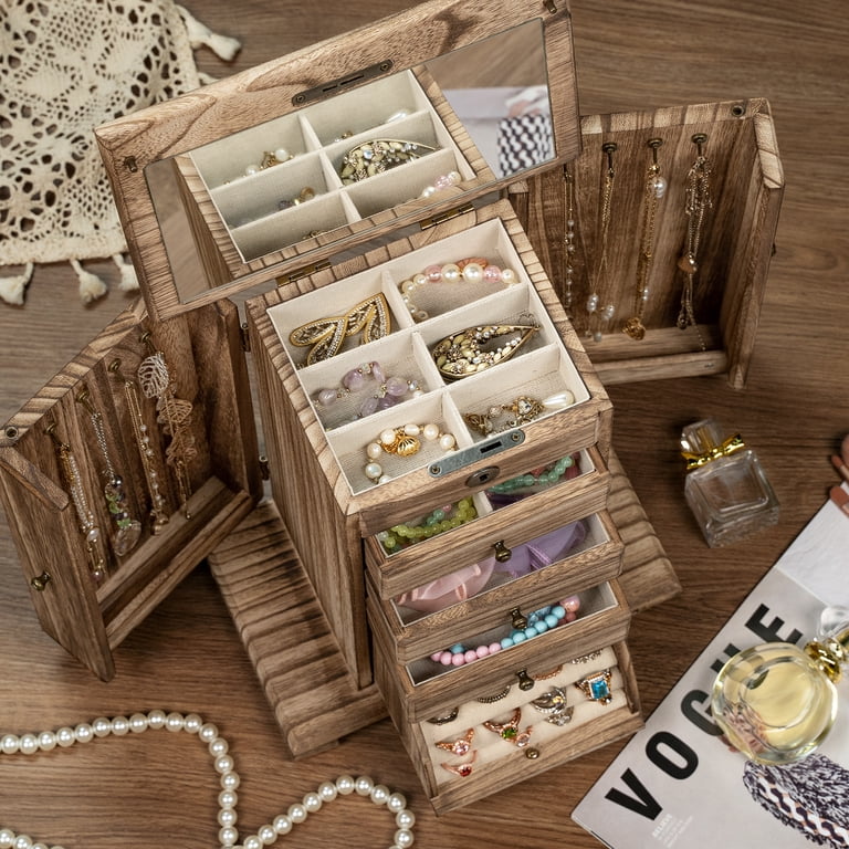 Sfugno 4-Layer Wooden Jewelry Box with Lock and Mirror photo 2