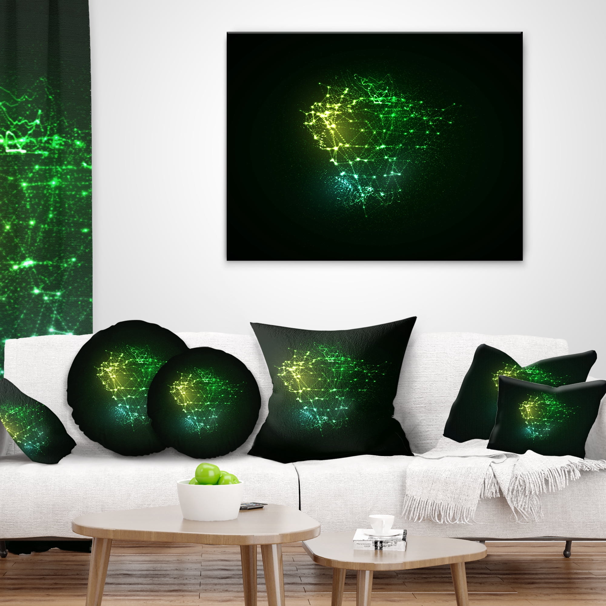 Designart Green Glowing Particles - Abstract Throw Pillow - 12x20