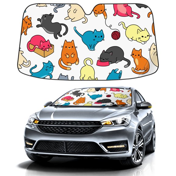 Car Windshield Sun Shade For Front Window Cute Colorful Cats On White Background Foldable Vehicle Windshield Car Sun Visor Covers Automotive Window Protector Car Camping Privacy Sun Blocker