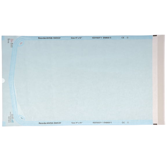 House Brand Dentistry 100537 HSB Self-Sealing Sterilization Pouches 9" X 15" Paper Blue Film 200/Bx