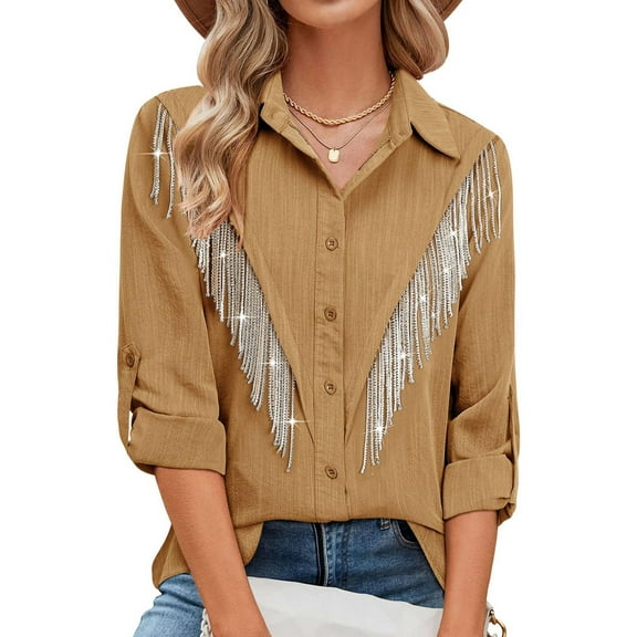 Female Sparkly Fringe Button Down Shirt Top Country Concert Nashville Western Cowgirl Outfit Khaki S