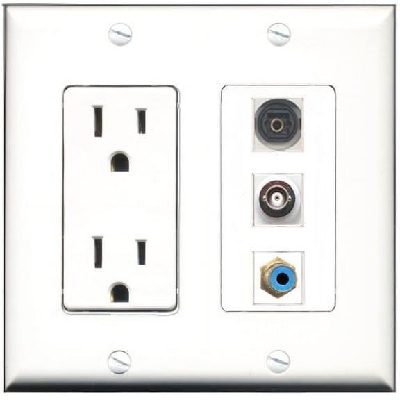 RiteAV - 15 Amp Power Outlet 1 Port RCA Blue 1 Port Toslink 1 Port BNC Decorative Wall Plate