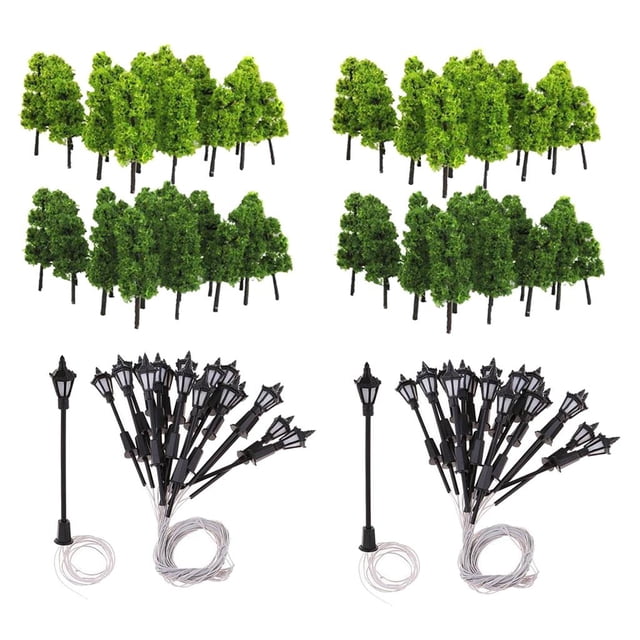 Esquirla 80PC 1:100 HO Scale Street Park Lamppost & Tree Landscape Lights Decor Accessory. Includes 40 miniature dark green and light green model trees, each approximately 9.5 cm tall, and 40 black LED streetlights, each 70 mm tall. Designed for enhancing model railway landscapes, miniature gardens, or HO scale train sets. Made of plastic and suitable for detailed model decor.