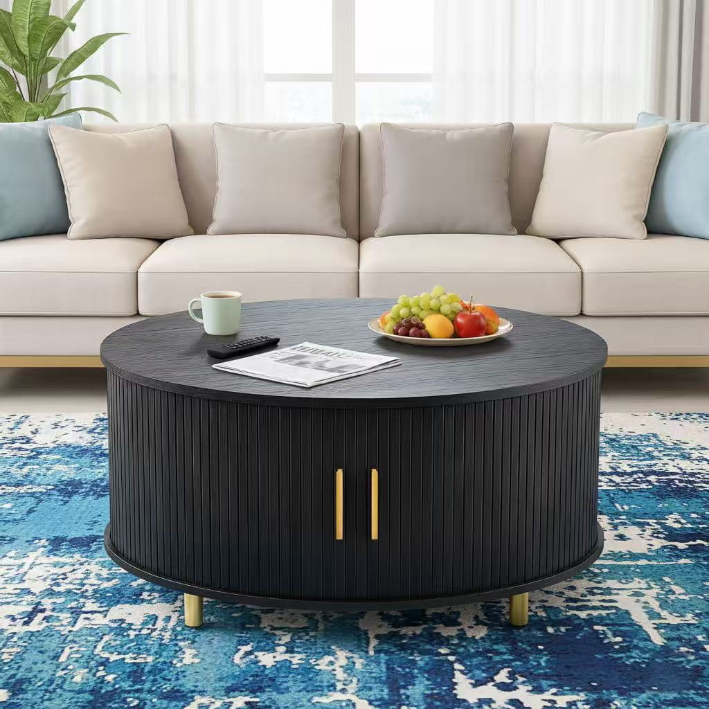 AISWORD Round Coffee Table with 360° Sliding Door, Fluted Accent Coffee Table with Storage Adjustable Footpads for Living Room, Black