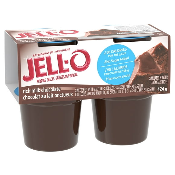 Jell-O Rich Milk Chocolate No Sugar Added Ready-to-Eat Refrigerated Pudding Cups Snack, 4 ct Cups, 4 Pack