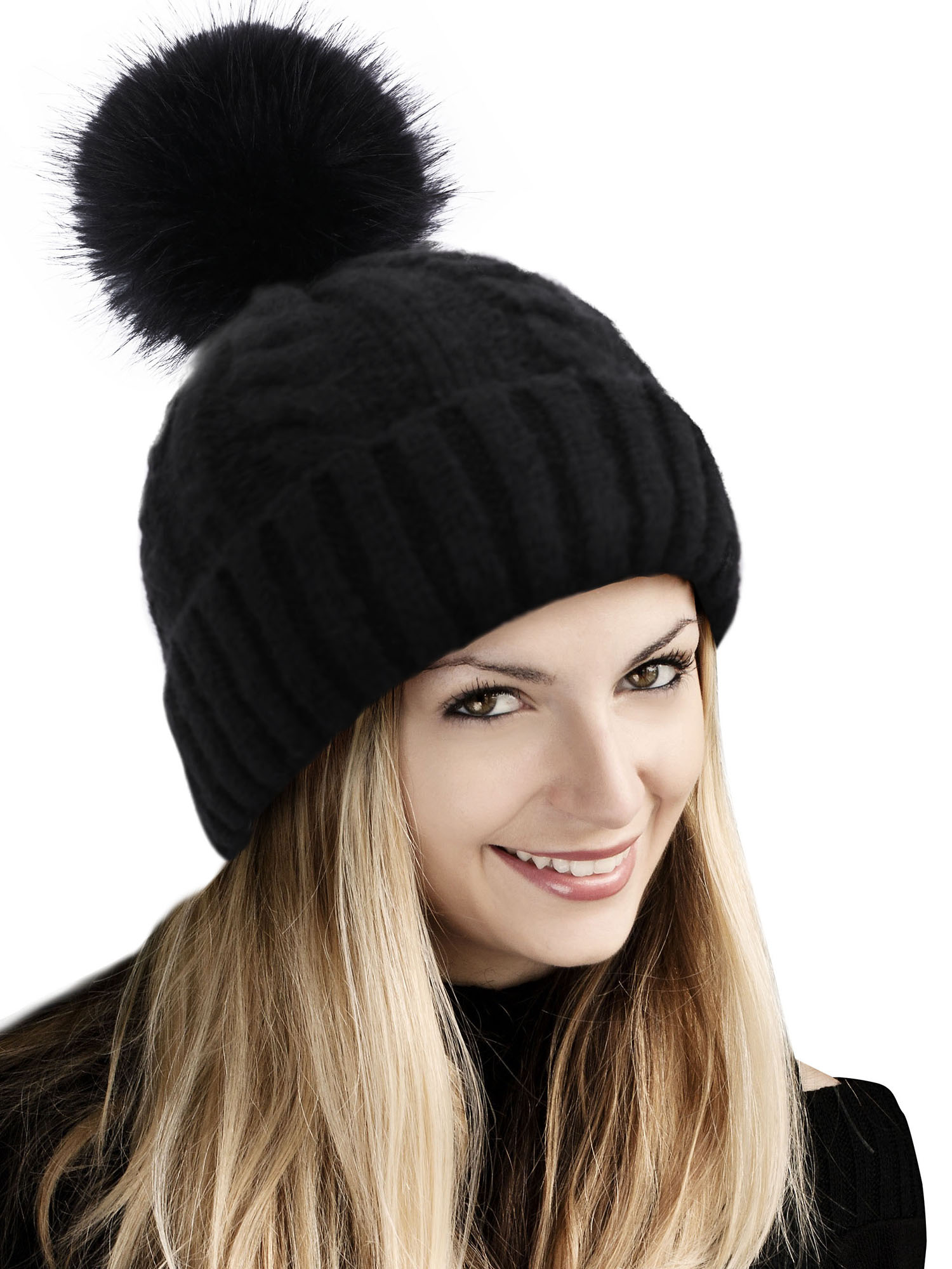Winter Hat Beanie for Women Knit Slouchy Ski Hat Faux Fur Beanies Pompom, Black Beanie, Black pom Beanie - image 3 of 4