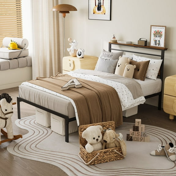 Cozy Home Twin Size Bed Frame, Vintage Industrial Platform Bed with Storage, Wooden Headboard, and Heavy Duty Strong Support Slats, Easy Assembly, No Box Spring Needed