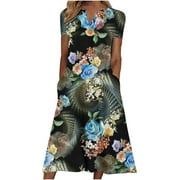 BVnarty Women's Trendy Flowy Mini Sundress Clearance Beach Dresses for Women 2023 Work Knee Length Dress Short Sleeve Summer Dress V Neck Floral Printing Casual Sky Blue XXXL