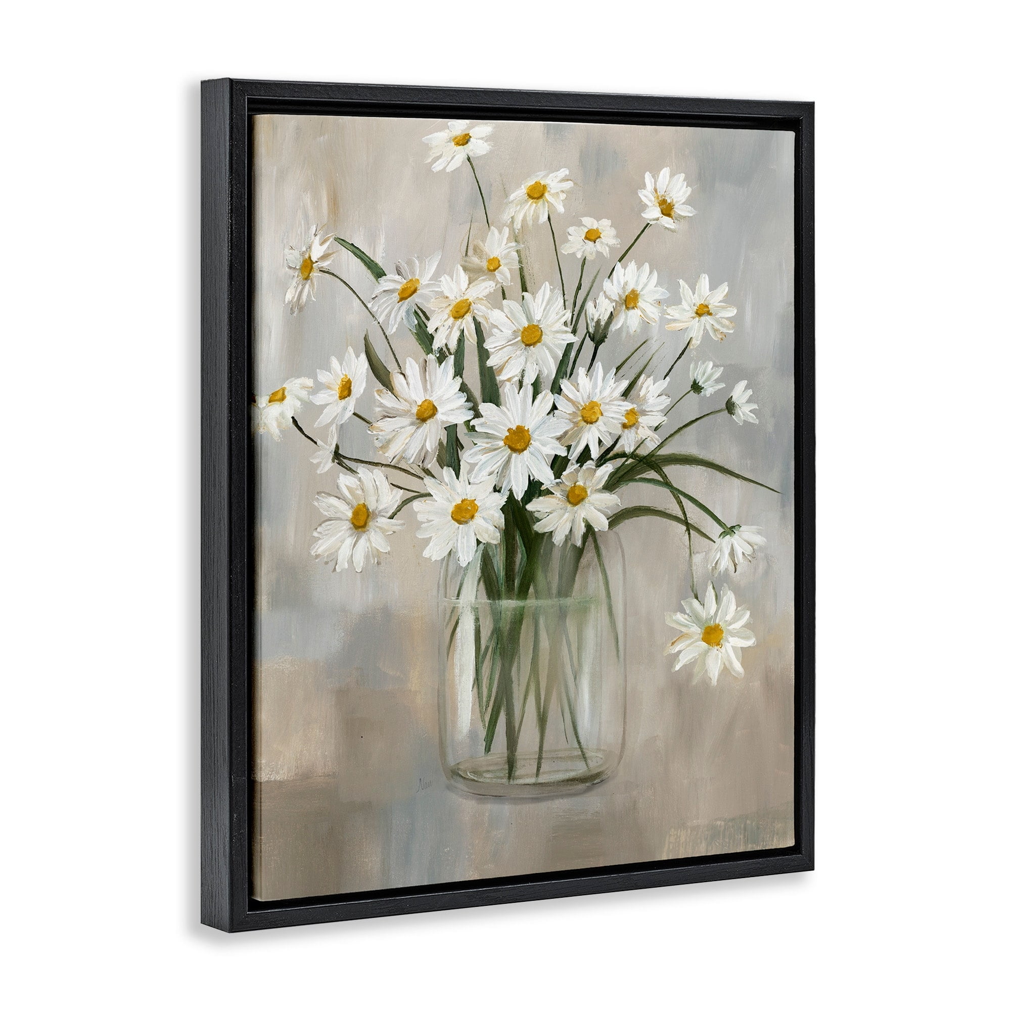Stupell Industries Daisy Bloom Bouquet Potted Flowers Abstract Pattern Jet Black Framed Floating Canvas Wall Art, 16x20, by Nan