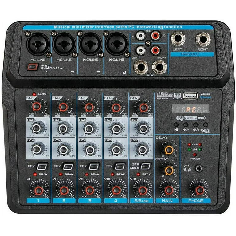Professional Audio Mixer Sound Board Console Desk System Interface USB  Bluetooth MP3 Computer Input DJ Studio Black (6 Channel)
