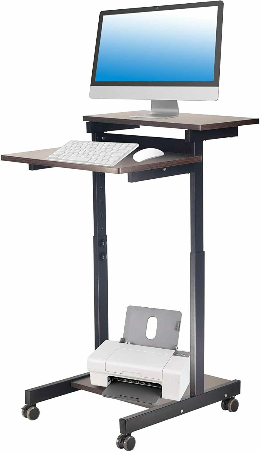 POCHAR Height Adjustable Computer Station Mobile Computer Desk - Two Tier Rolling Computer Cart - Black Frame with Espresso Top (21.6'' Wide)