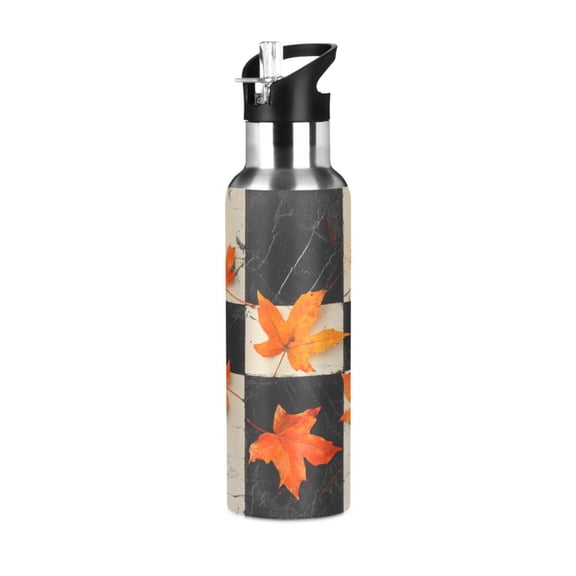 ALAZA Autumn Leaf on Black Checkered Water Bottle Insulated Flask Stainless Steel Straw Lid 20 oz