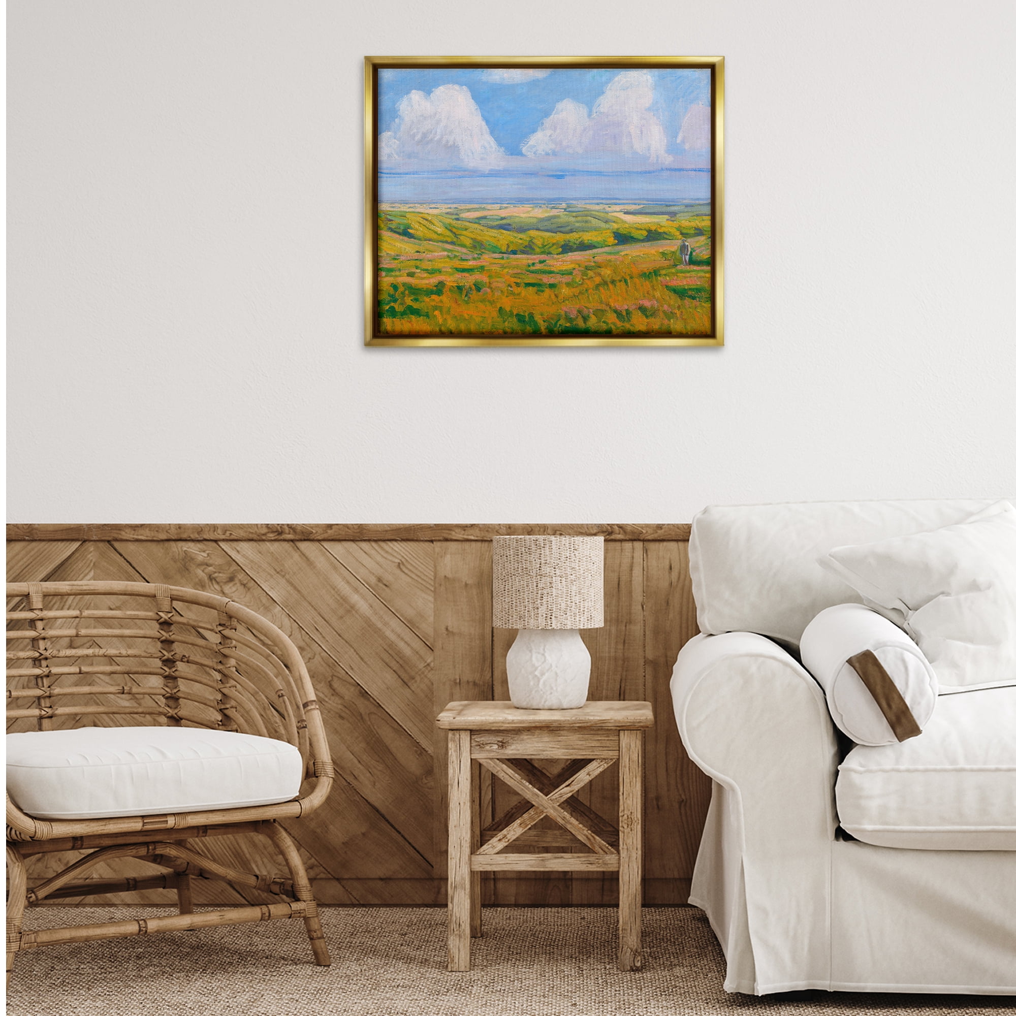 Stupell Industries Clouds over Classic Country Landscape & Nature Painting Gold Floater Framed Canvas Art Print Wall Art, 31 x 25