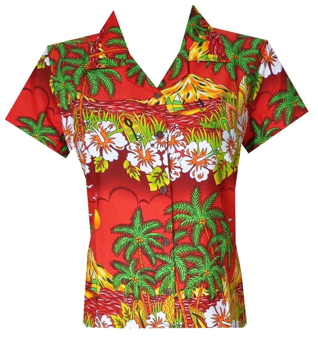 Hawaiian Shirts 44w Womens Floral Scenic Beach Aloha Top Blouse Red M