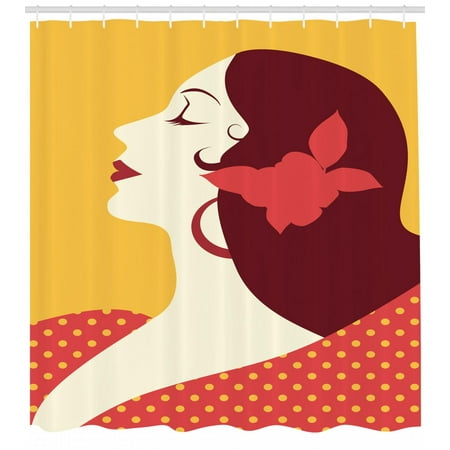 - Spanish Shower Curtain, Flamenco Woman in Retro Polka Dot Dress with Flower in Her Hair Rhythm Dancer, Fabric Bathroom Set with Hooks, 69W X 70L Inches, Earth Yellow Red, by Ambesonne