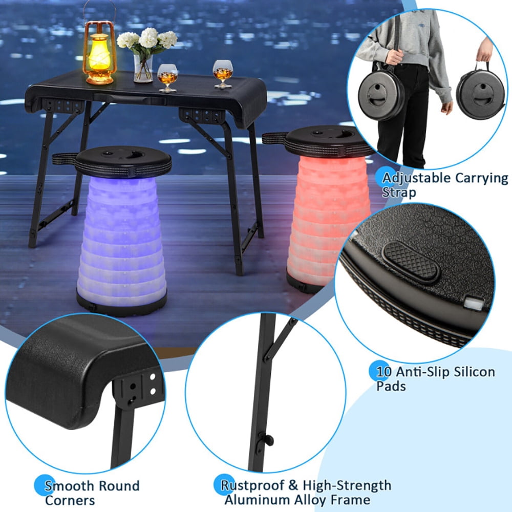 Aimee Lii 3 Pieces Folding Camping Table Stool Set with 2 Retractable LED Stools, Folding Table for Camping and BBQ, Black Aimee Lii 3 Pieces Folding Camping Table Stool Set with 2 Retractable LED Stools, Folding Table for Camping and BBQ, Black