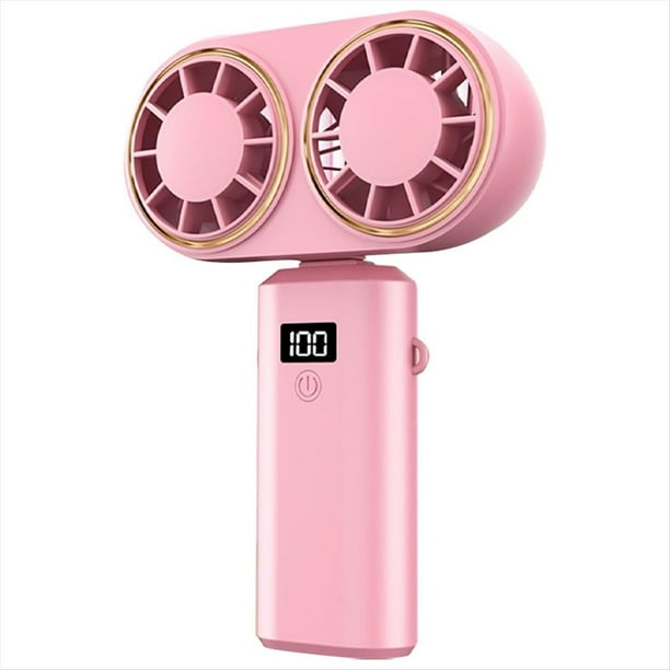 Ventilador Portátil de Mano con Carga USB, Doble Ventilador, Pantalla Digital, Batería Recargable, Color Rosa.