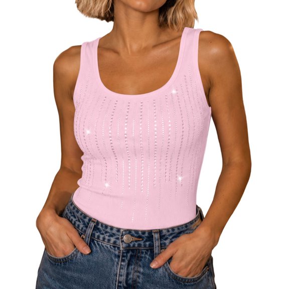 MHOSTAFH Women's Rhinestone Tank Top Sleeveless Scoop Neck Camisole Ribbed Going Out Tops for Club Party