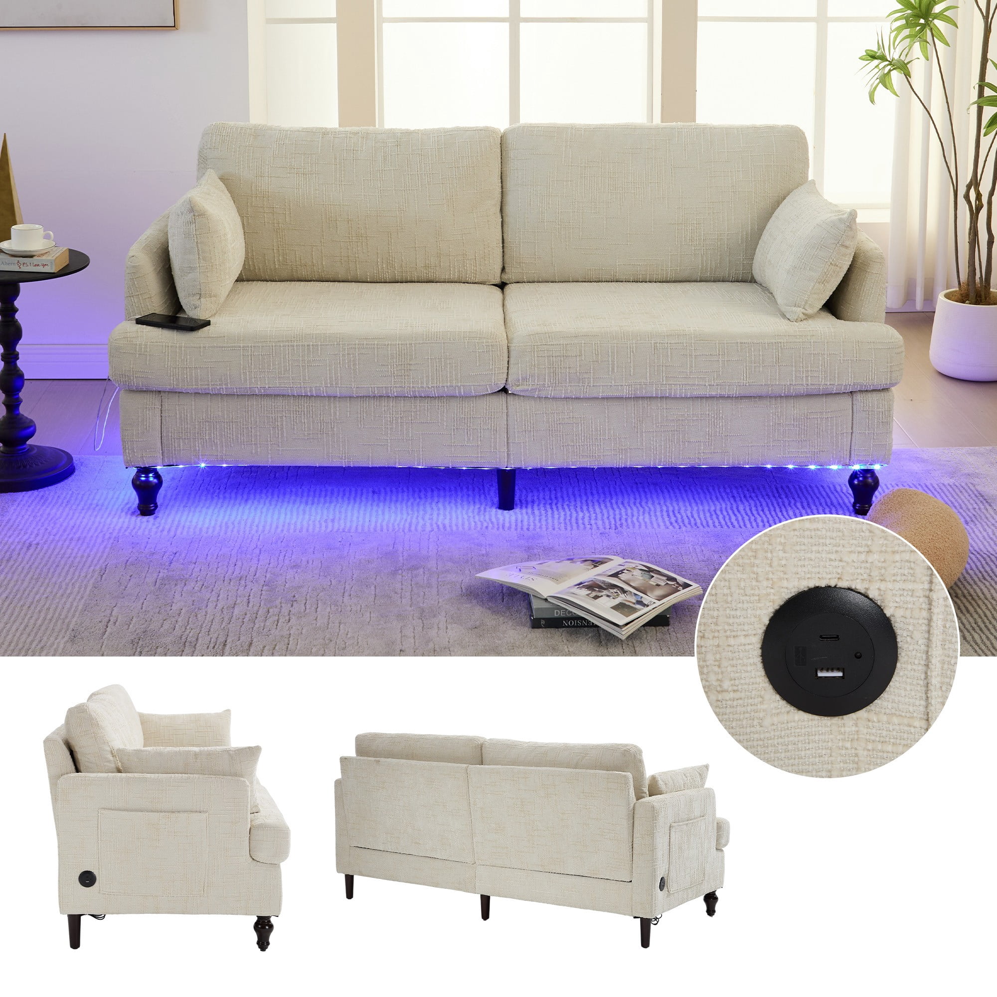 68.9" Sofa Couch,Modern 2 Seater Upholstered Loveseat Sofa Couch with LED light&USB for Living Room,Bedroom,Beige