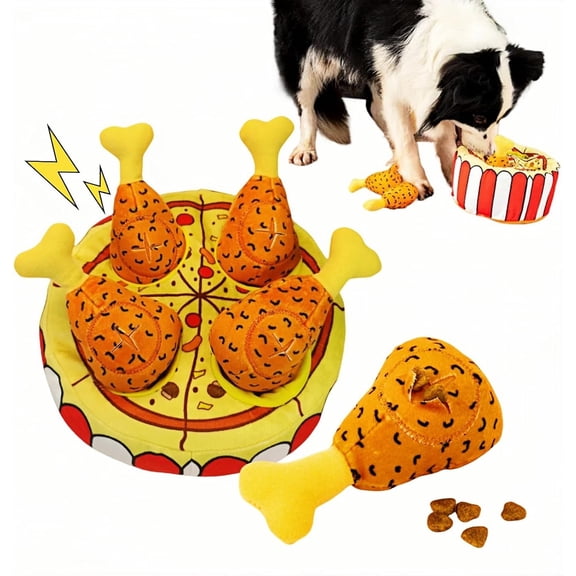 UXVA Dog Fried Chicken Bucket Foraging Toy, Hide & Seek Snuffle Plush Toy with 4 Squeaky Drumsticks, Treat Dispensing Interactive Puzzle Chew Toy
