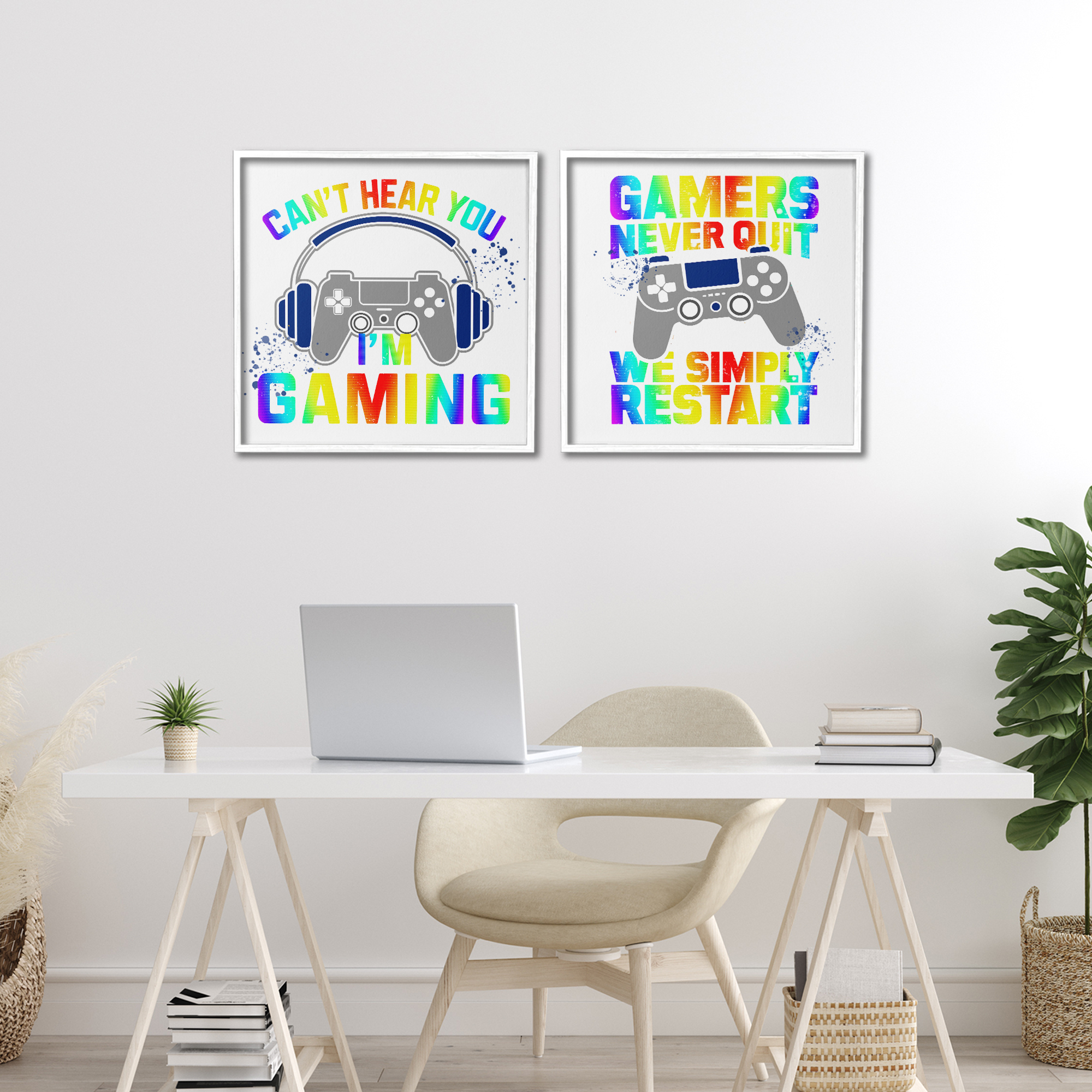 Rainbow Retro Gaming Phrases 2 Piece White Framed Giclee Art Set, design by Kim Allen