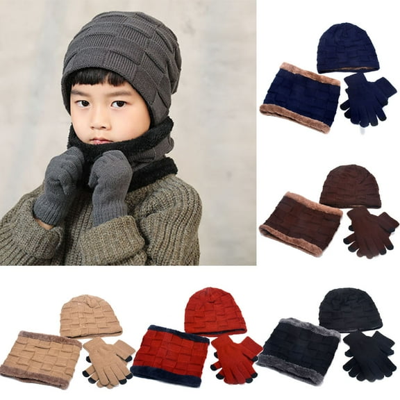 LINASHI 3Pcs Kids Winter Beanie Hat Scarf Gloves Set for Boys Girls, Knit Thick Warm Fleece Lined Thermal Sets for Fall Winter