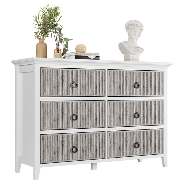 Kojooin Commode Cannelée à 6 Tiroirs, Commode Moderne de 47 Pouces de Large avec Poignée en Métal, Panneau Ondulé, Commodes en Bois pour Garde-Robe