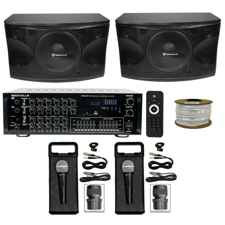 2) Rockville 12" 3-Way 1600w Karaoke Speakers+Powered Mixer w/Bluetooth+2) Mics