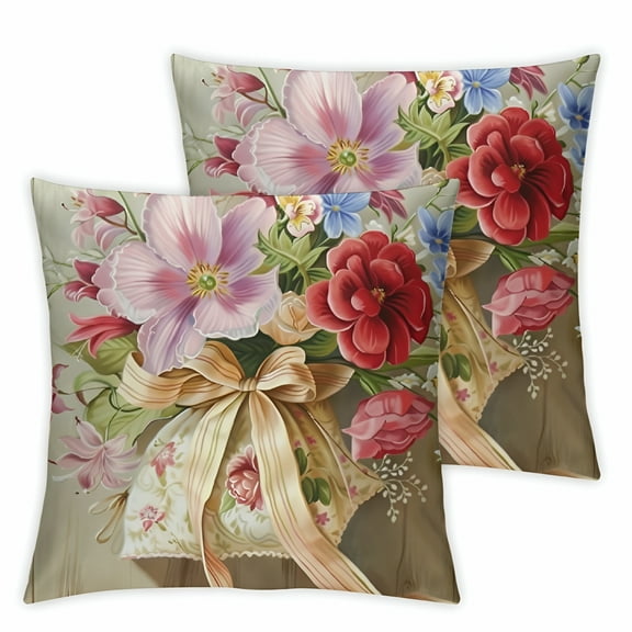 LAMIRO Spring Floral Throw Pillow Pink Flowers Mothers Day Decorative Pillows for Couch Sofa Bed Home Decor Set of 2 White