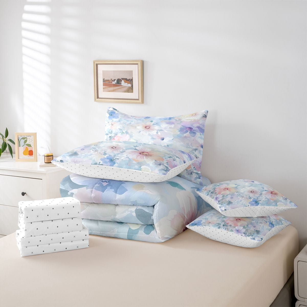 Homewish Graffiti Rustic Floral 7 Pieces Bedding Comforter Set,Spring Natural Theme Full Bedding Set,Blue Flower Fitted Sheet Flat Sheet For Girls Boys,Luxury Bedroom Decor Reversible