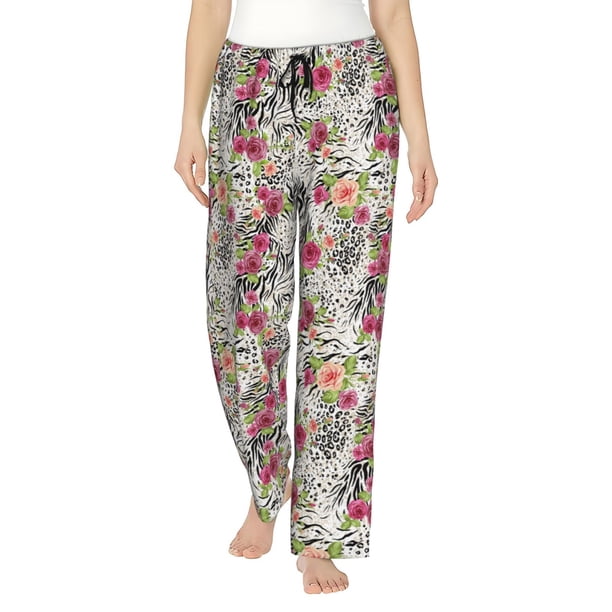 Fotbe Roses Mixed Zebra Pantalones de Pijama para Mujer, Pantalones de Dormir, Pantalones Pj con Cordón y Bolsillos-Small