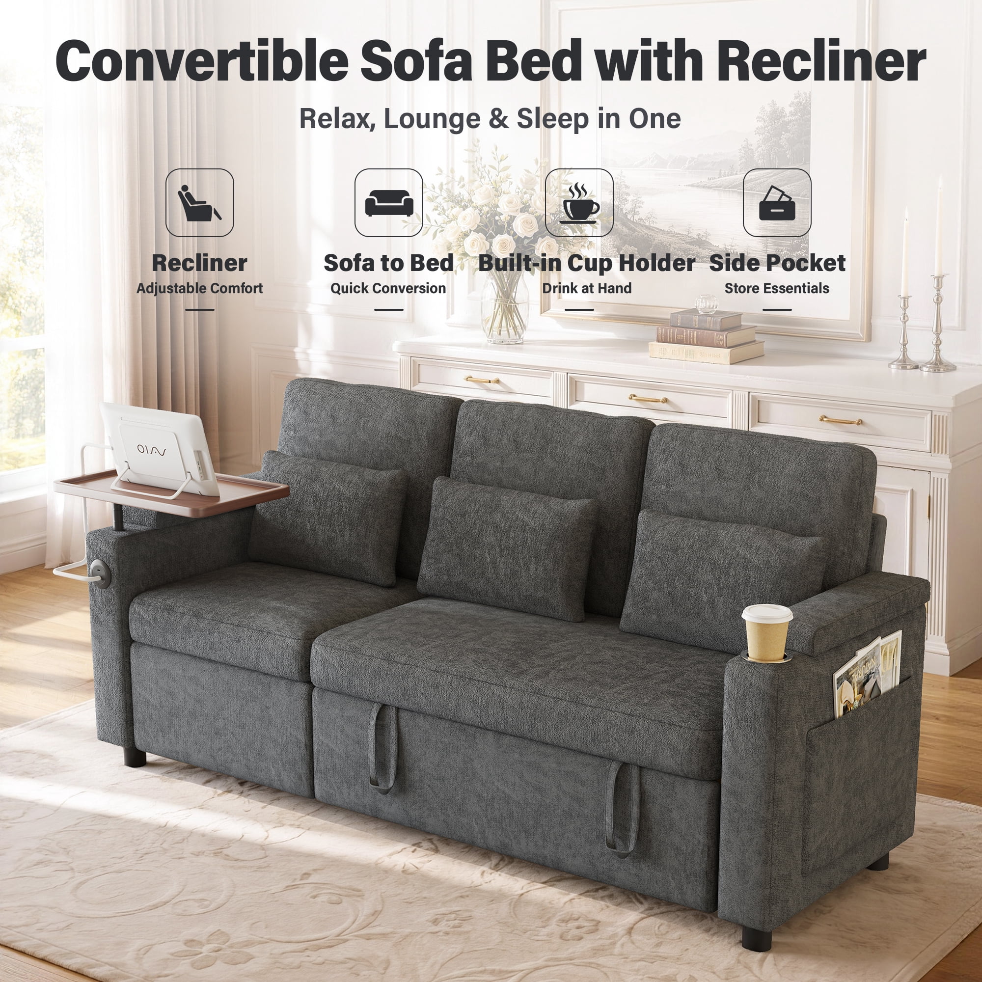 Aukfa 81" Convertible Sleeper Sofa,Chenille 3-in-1 Sofa Bed with Recliner,Center Table,USB Ports & Storage Armrests,Gray