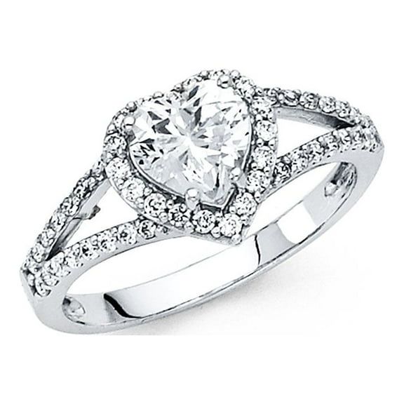14k White Gold Heart Halo CZ Engagement Ring Anniversary Heart Solitaire CZ Ring Side Stones Size 7