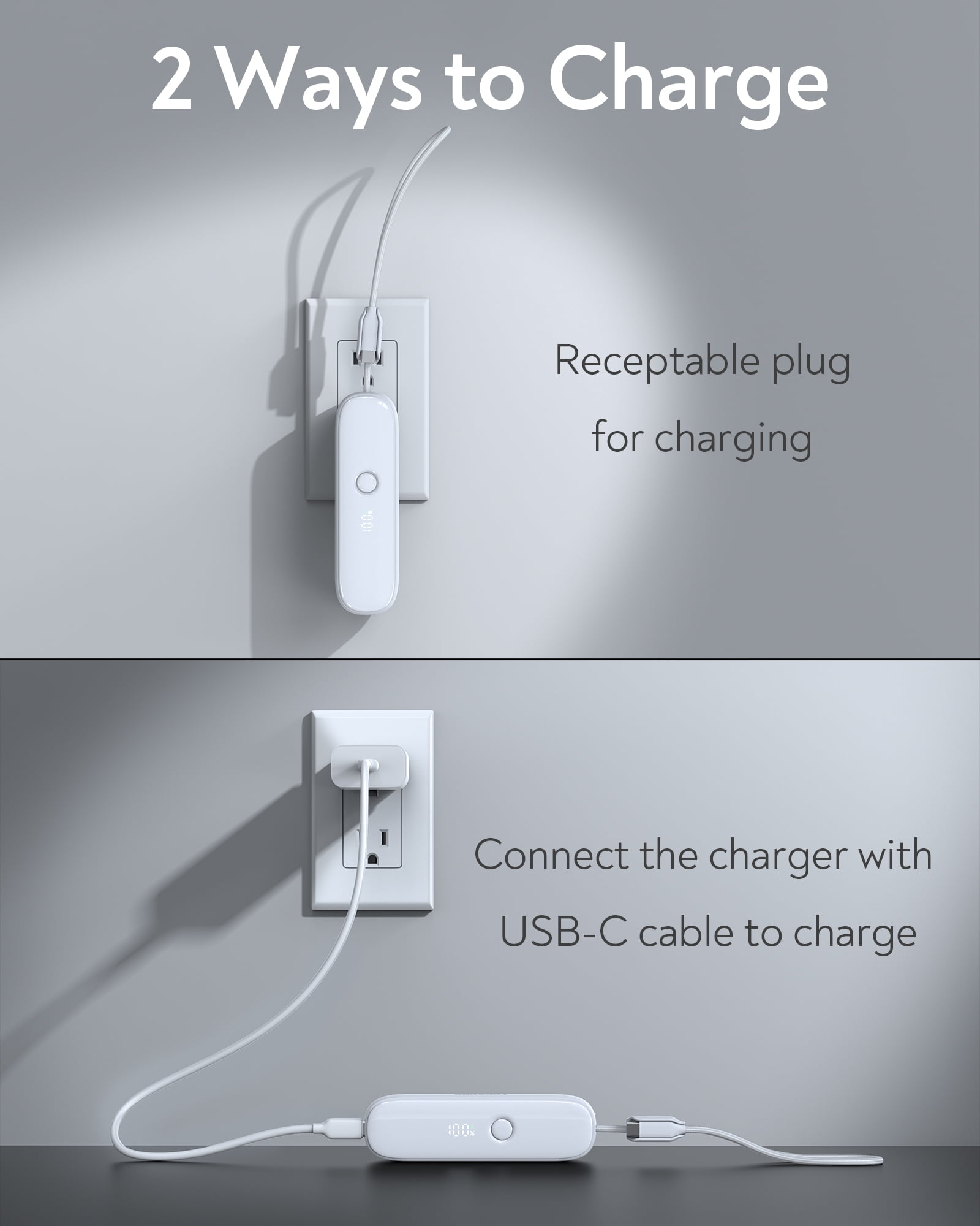TOPADRE 22.5W Power Bank, 5000mAh Portable Charger with Built-in USB-C Cable, Foldable Plug, Dual Type-C Ports, White