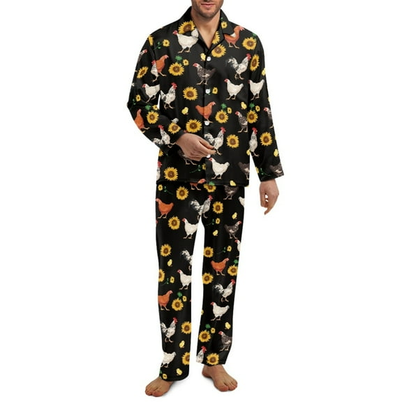 Xixirimido Rooster Chicken Sunflower Pattern Mens Pajamas Set Soft Notched Collar Pajamas for Men Long Sleeve Mens 2Piece Sleepwear with Pockets for Fall Winter, Medium