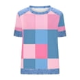 thumbnail image 5 of Atogsazn Women Waffle Colorblock Shirt Denim Patchwork Casual Short Sleeve Pullover T-shirt Crew Neck Tops Outfit 02-Pink S Fashion, 5 of 5