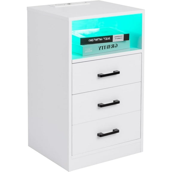 with 3 Drawers and LED Light for Bedroom, 40 * 35 * 65cm Dresser Storage Cabinet with Socket and Handles for Living Room Home Entryway, Modern Furniture, White