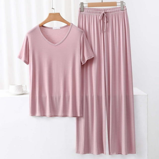 TACILIP Ensembles 2 Pcs pour Femmes Ensembles de Détente d'Été Tenues Col en V Manches Courtes Hauts Pantalons à Jambes Larges Pyjamas pour Femmes Ensemble