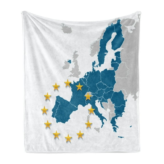 Europe Soft Flannel Fleece Throw Blanket, European Union Map with the States Excluding United Kingdom Stars, Cozy Plush for Indoor and Outdoor Use, 70" x 90", Blue Grey, by Ambesonne