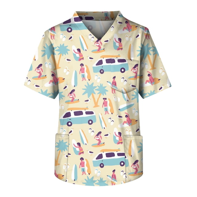 LINMOUA Plus Size Halloween Printed Scrub Working Uniform Tops For Men's Cross V-Neck Short Sleeve Fun T-Shirts Workwear Tee With Pockets