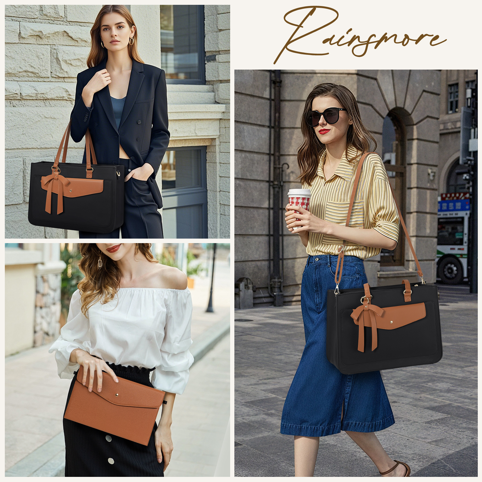 RAINSMORE Women's Handbag 15.6 Inch Leather Tote Bags Waterproof Laptop Briefcase Office Business Work Travel Handbag for College Teacher