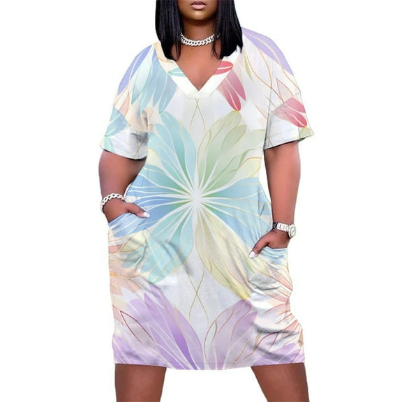 Colorful Floral Bohemia Women's Loose Short Sleeve Dress Casual Summer Plus Size Long Dresses with Pockets