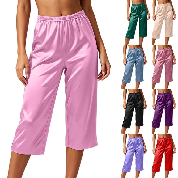 Hxshgdsn Womens Satin Cropped Wide Leg Pants Elastic Waist Casual Capri Trousers for Summer Home Relax Daily Casual Outings(Light Blue/L)