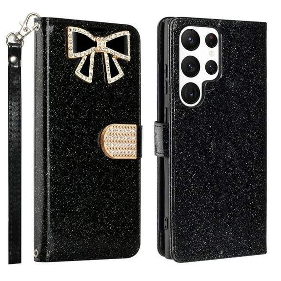 Samsung Galaxy S23 Ultra / SM-S918 Diamond Bow Glitter Full Body Cover Protective Shockproof Card Slot Flap Folio Stand Leather Wallet Pouch Case Cover Black