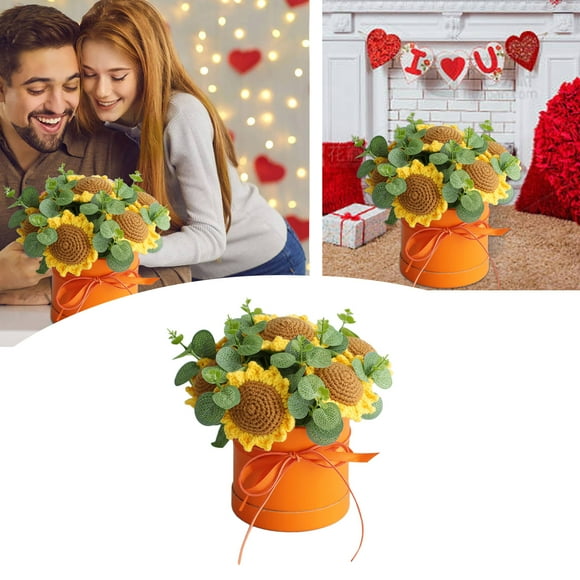 LPSSTORE Sunflower Bouquet Hug Bucket Wool Knitted Flower Bouquet Sunflower