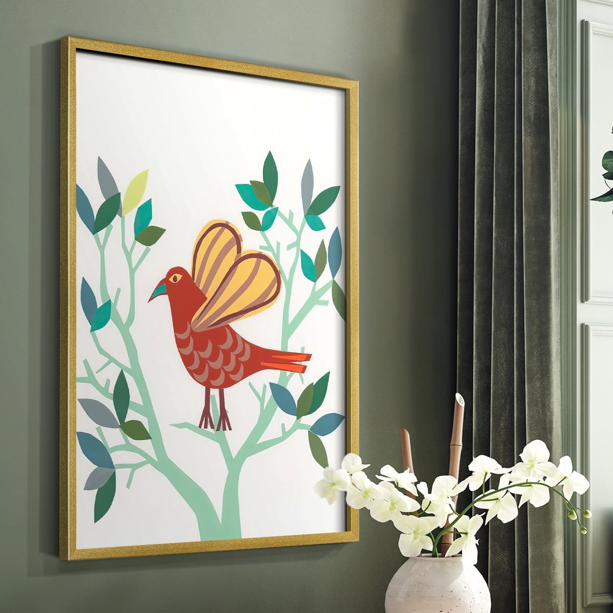 Whitty Bird I Framed Print in Gold Solid Wood 16 x 20 Framed Print
