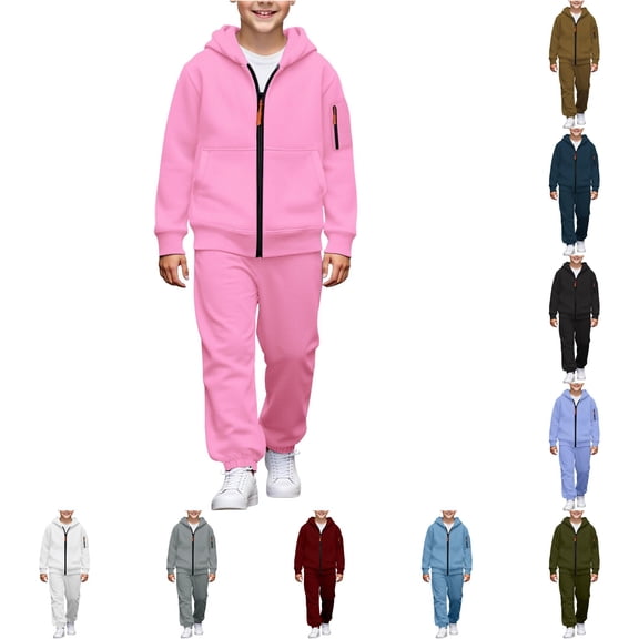 oqasdz Teen Boys 2 Piece Solid Color Sweat Suit Zip Up Hoodie Jacket and Loose Fit Jogger Pants Lightweight Kids Daily Streetwear Clothing Set,Pink,Size 8 Y-9 Y